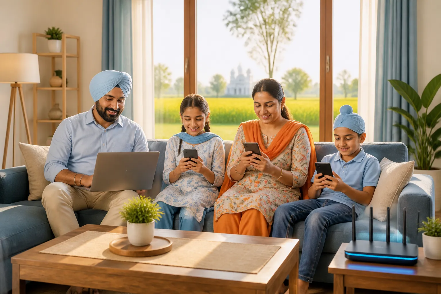 Family in Tanda enjoying fast BSNL FTTH fiber broadband on multiple devices